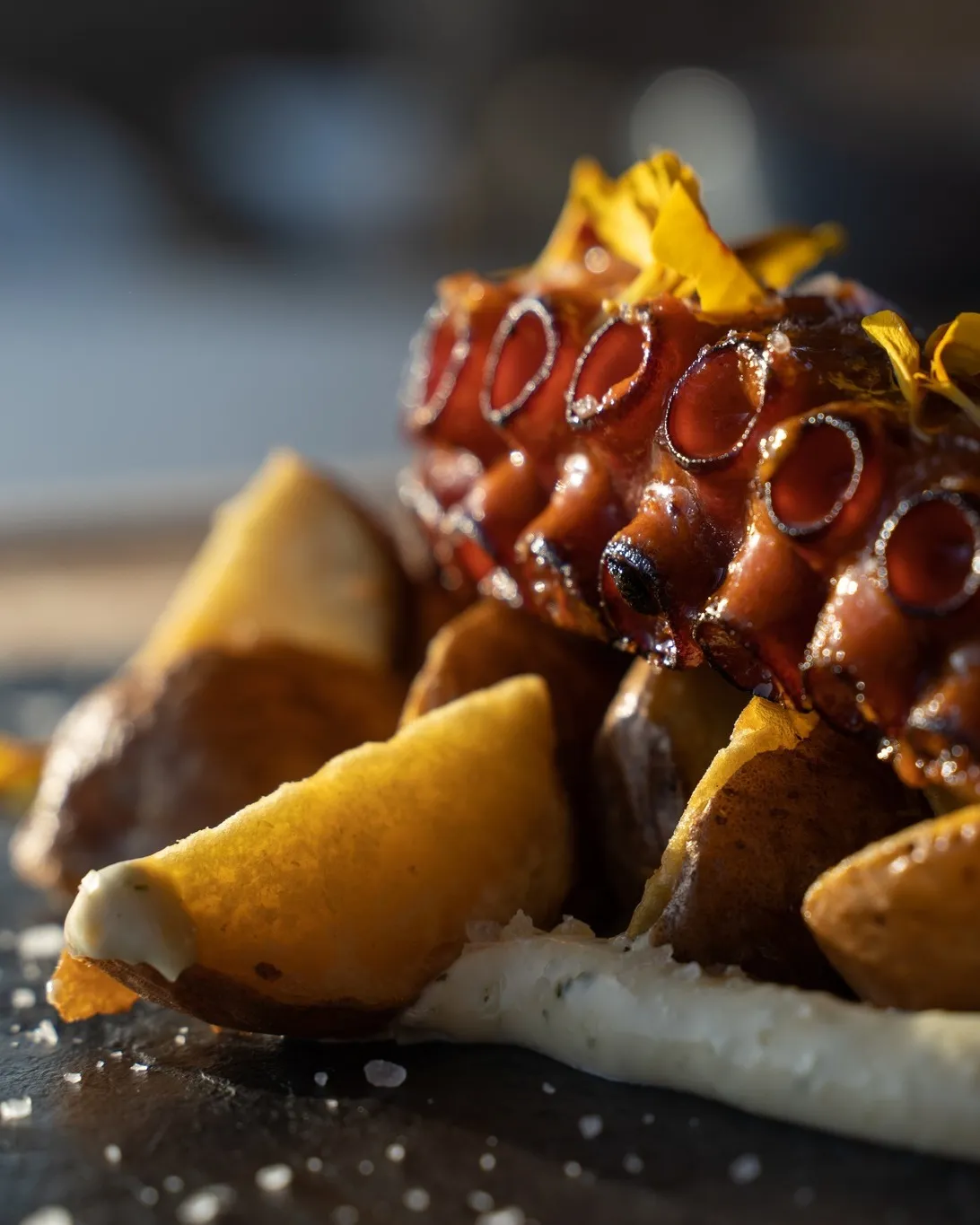 Pulpo a la brasa con papas