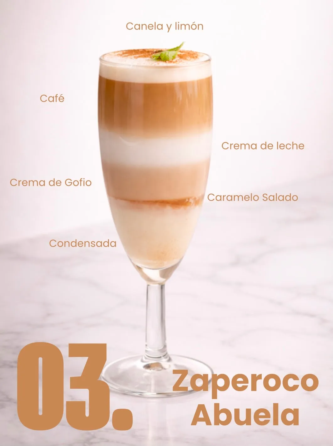 Zaperoco Abuela con sus capas rotuladas: condensada, crema de gofio, caramelo salado, crema de leche, café, canela y limón