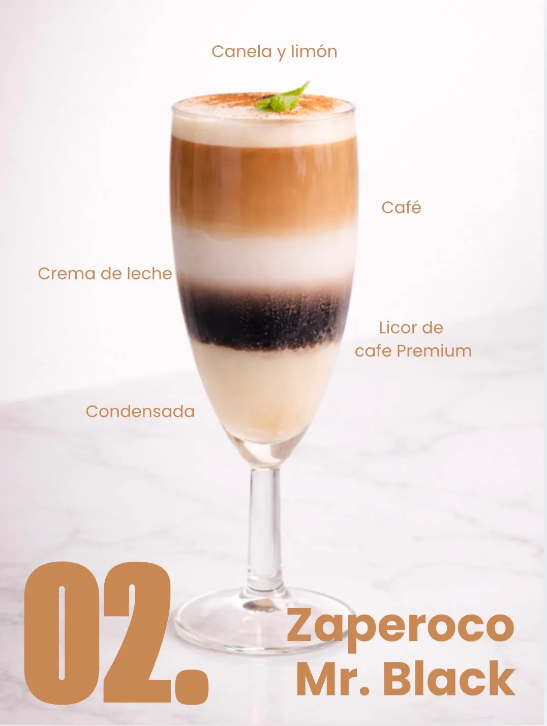 Zaperoco Mr. Black con sus capas rotuladas: condensada, licor de café premium, crema de leche, café, canela y limón